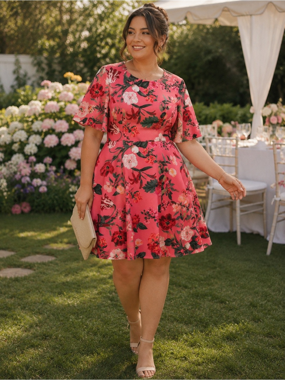 NWT Vince Camuto Garden Floral Fit & Flare Dress Pink Size 8 Wedding Guest Chic